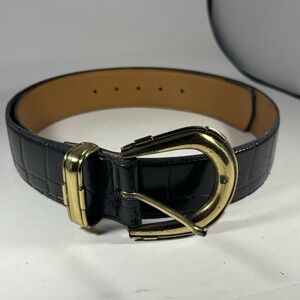 Vintage 80s EMMANUEL Canada Leather Belt Black 40" Brass Horseshoe Buckle Womens